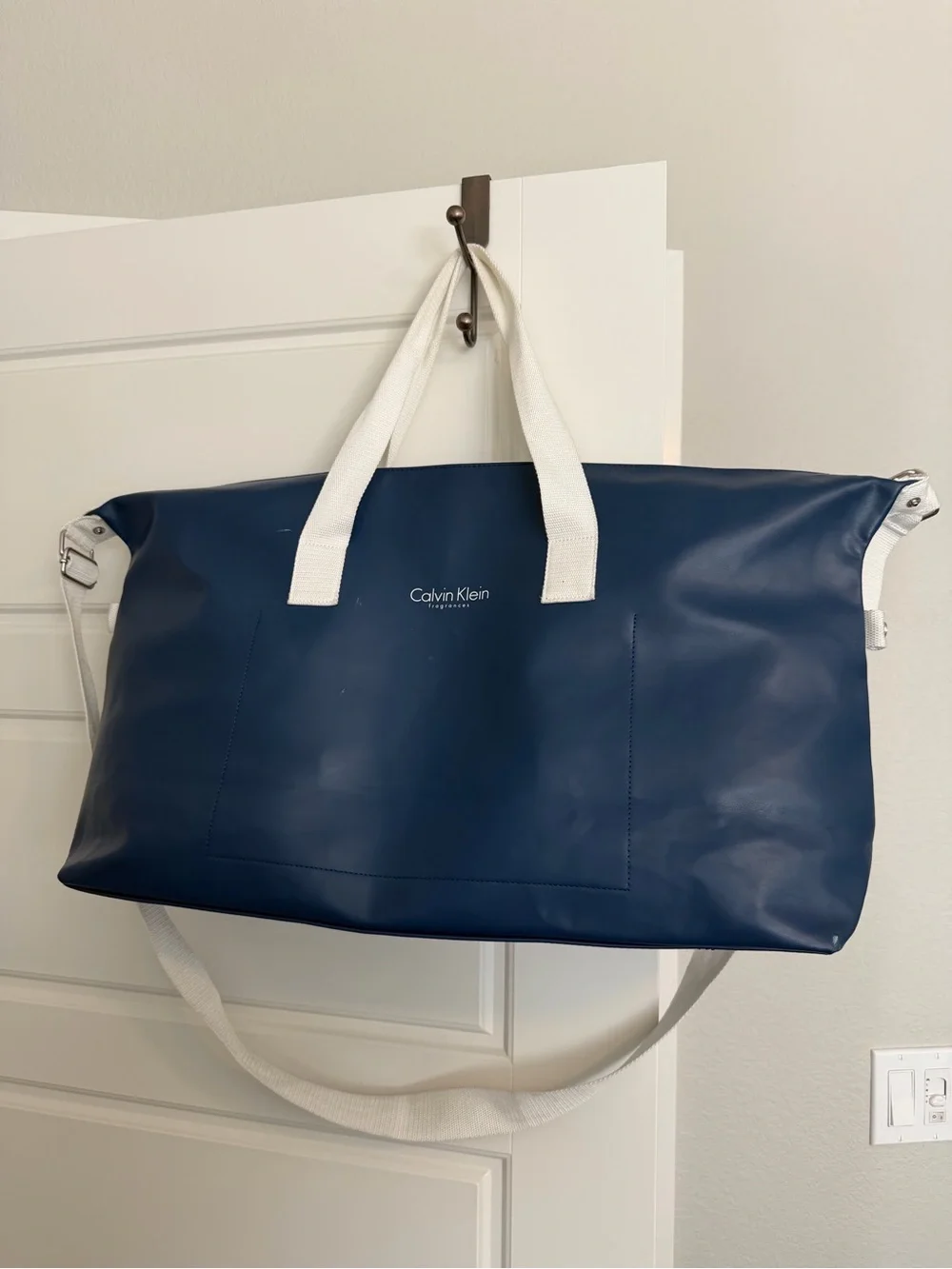 Calvin Klein Navy Weekender Duffel Bag with White Straps
